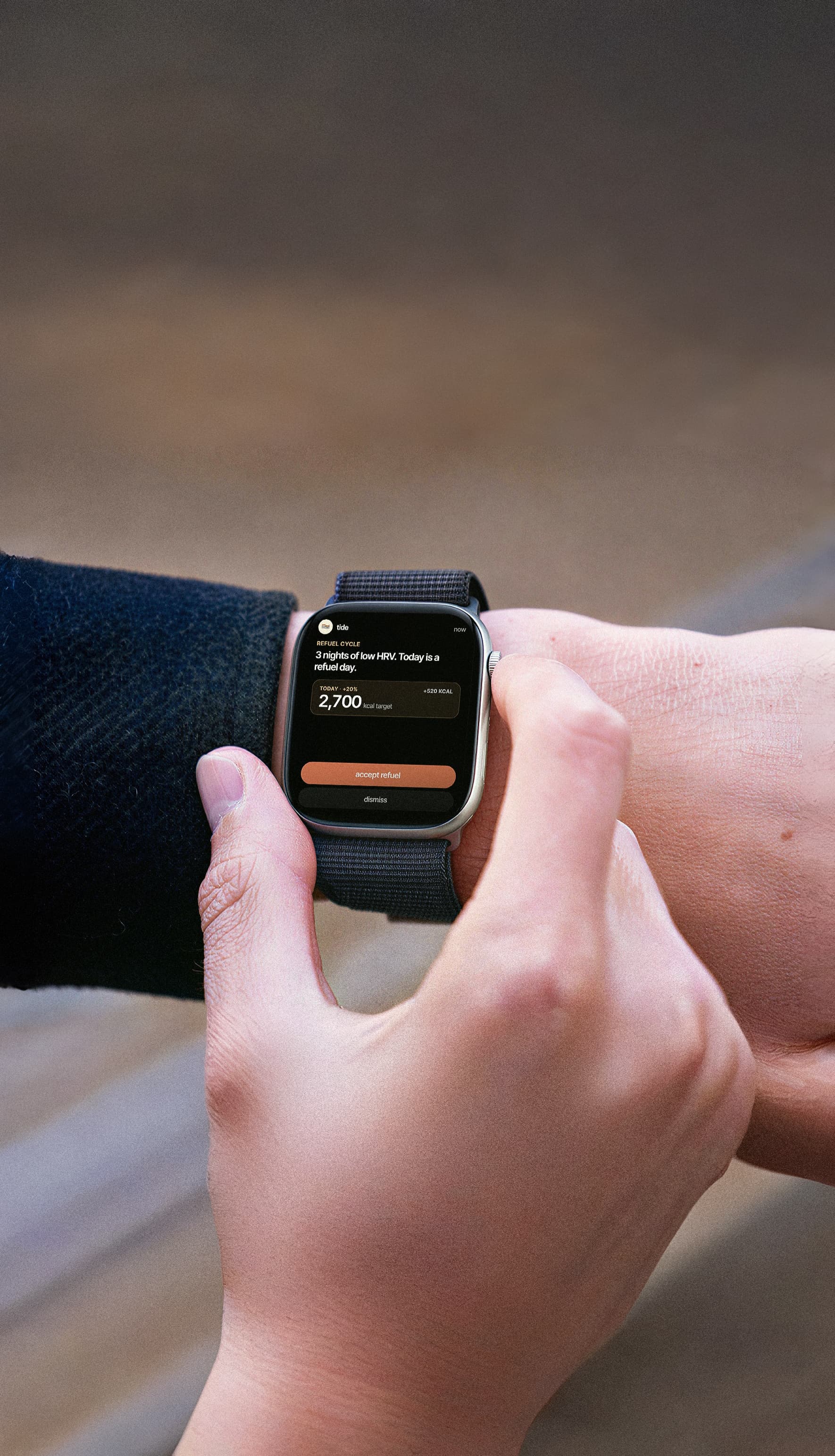 Tide on Apple Watch refuel cycle notification showing 3 nights of low HRV and a recommended 2,700 kcal target