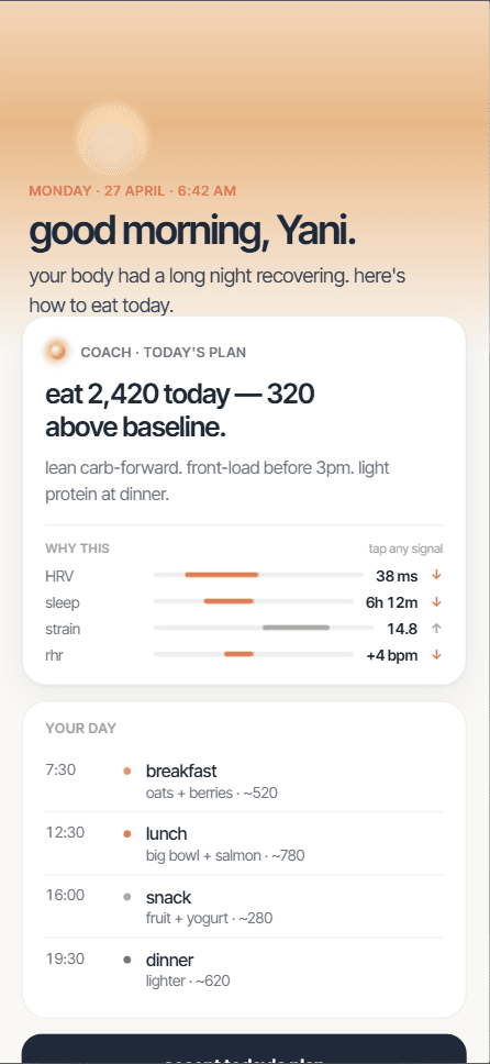 Tide on iPhone — Morning brief showing today’s calorie target with reasoning signals and meal plan.