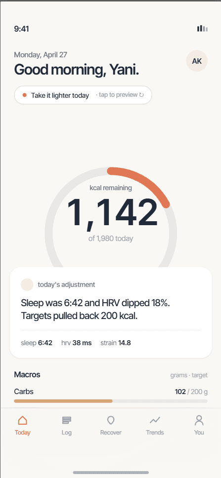 Tide on iPhone — Today screen showing recovery-aware calorie ring, today’s adjustment, and macros.